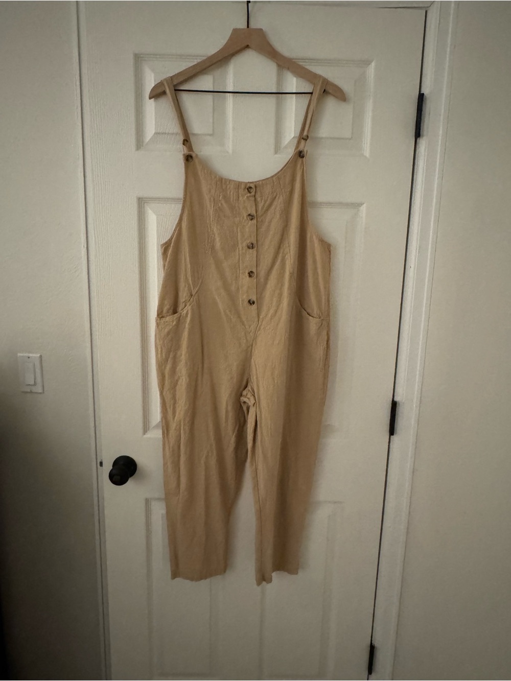 Elloh (Pinkblush) Tan Button-Front Linen-Blend Jumpsuit